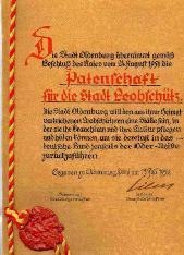 Oldenburg, Patenbrief für die Stadt Leobschütz